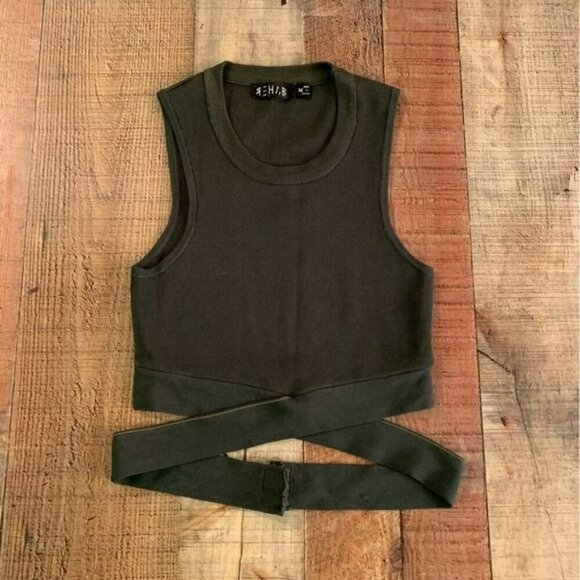 Rehab womens green stretch knit cropped tank top with wrap strap detail -M - Picture 1 of 8